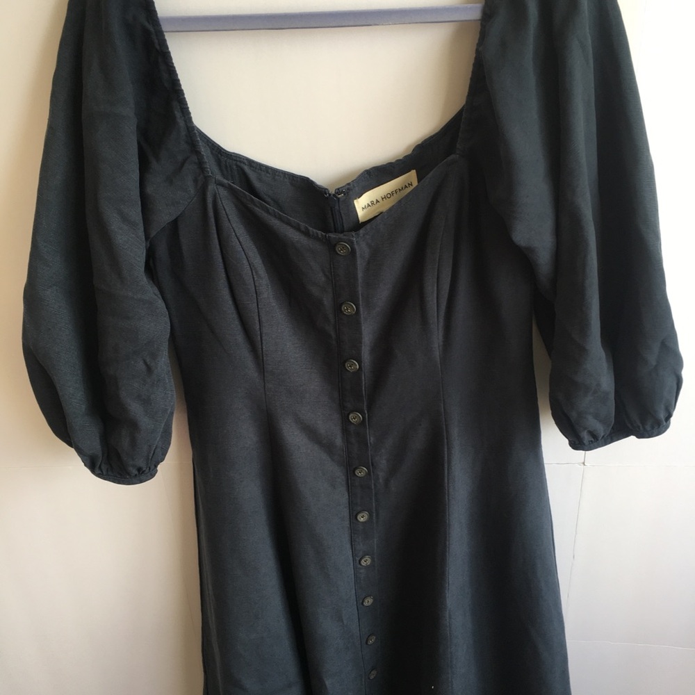 Mara Hoffman Mika Puff-Sleeve Linen Blend Button-Front Maxi Dress in Navy Blue - Picture 8 of 12